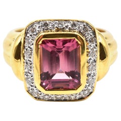 Emerald Cut Pink Tourmaline and Diamond Ring 18 Karat Yellow Gold