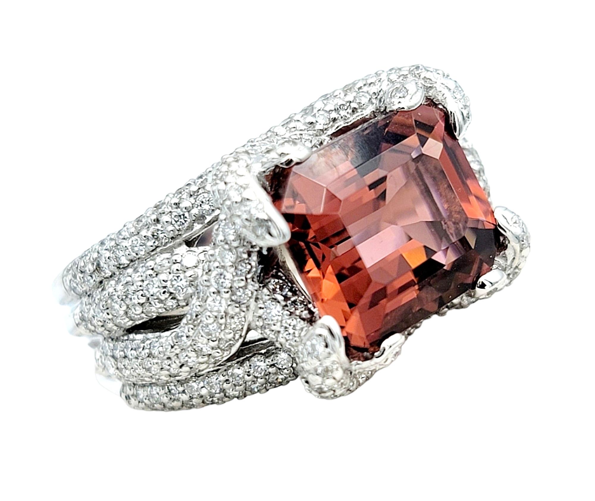 Contemporary Emerald Cut Pink Tourmaline and Multi Row Diamond Cocktail Ring 18K White Gold For Sale