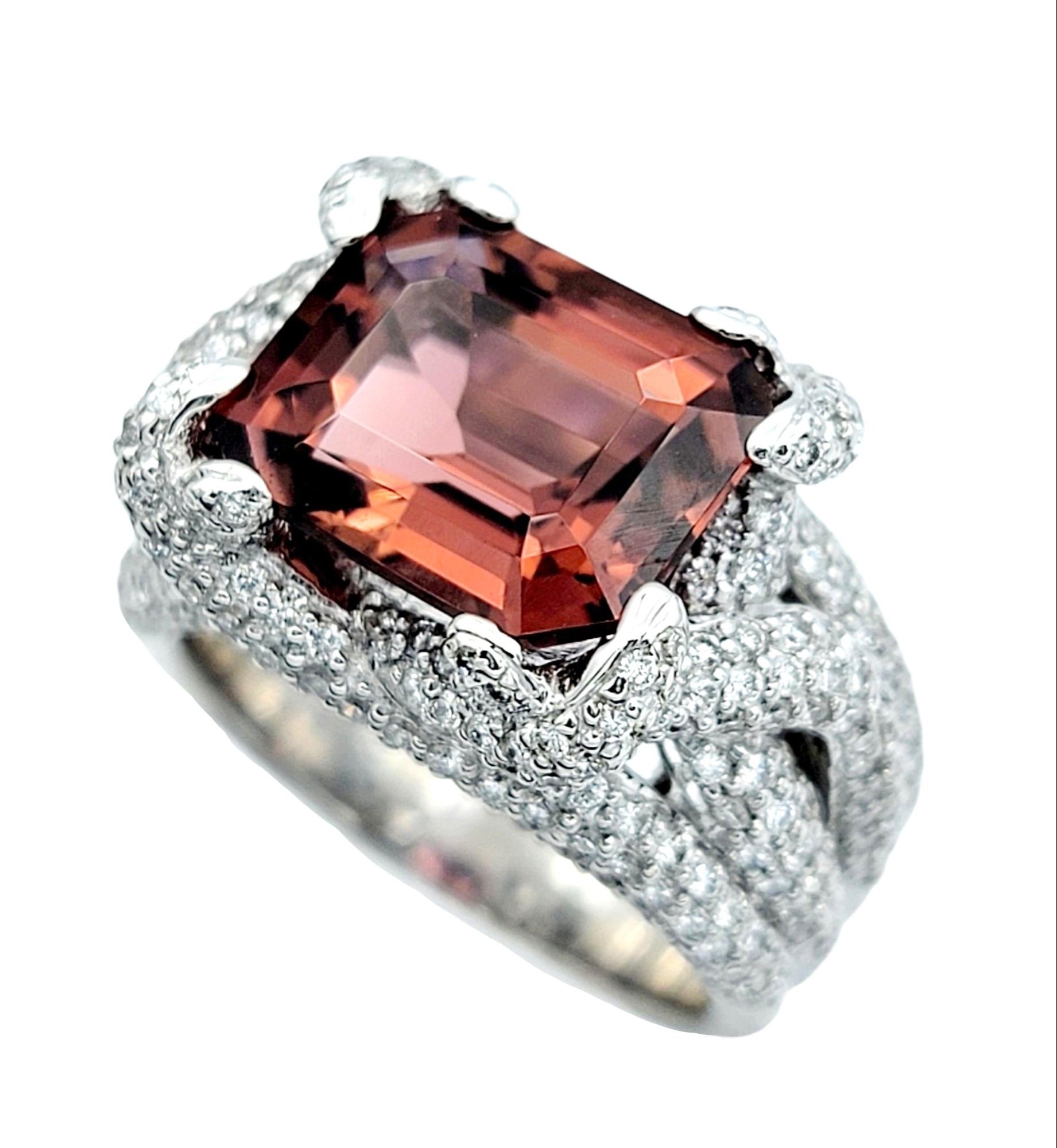 Emerald Cut Pink Tourmaline and Multi Row Diamond Cocktail Ring 18K White Gold  In Good Condition For Sale In Scottsdale, AZ