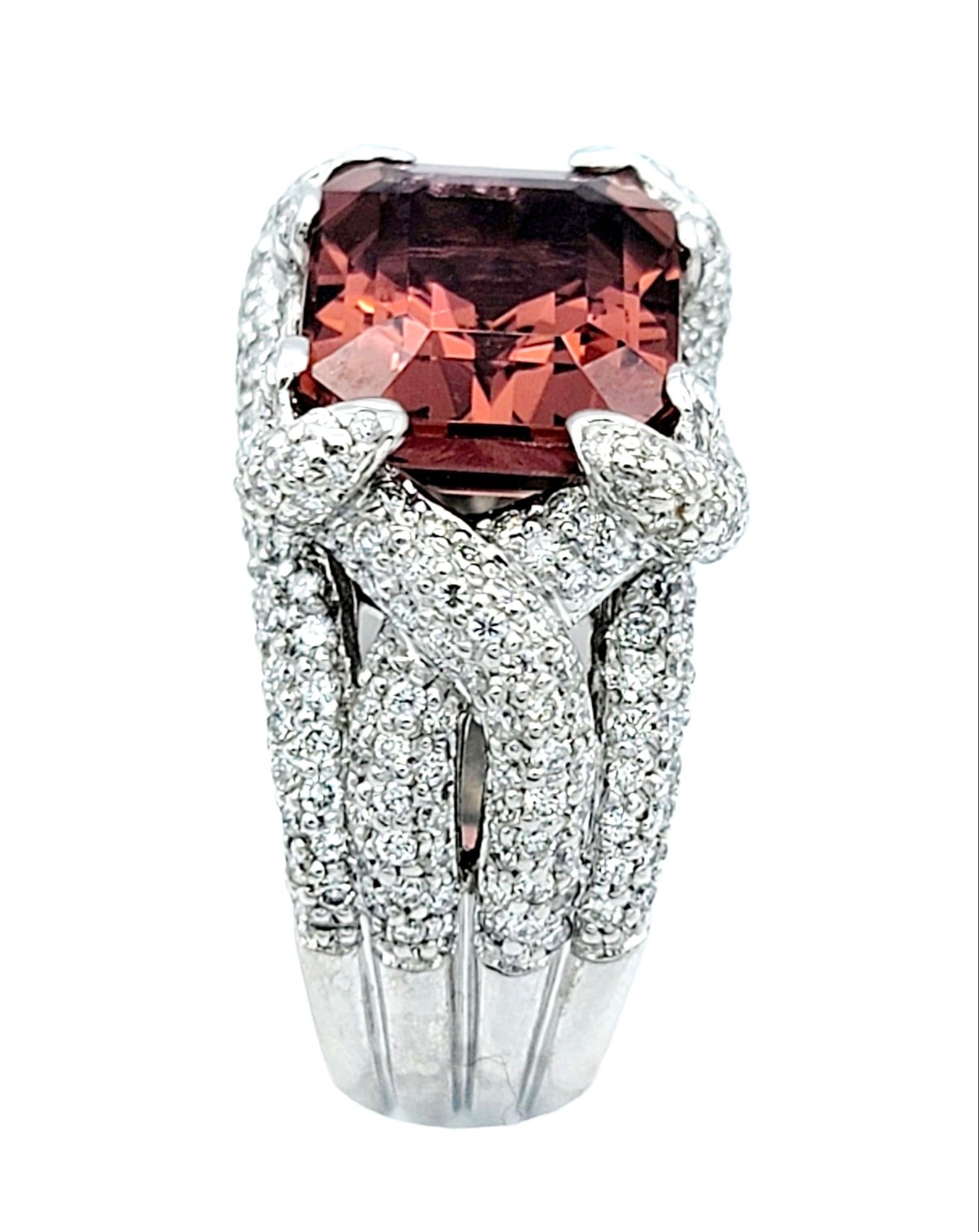 Women's Emerald Cut Pink Tourmaline and Multi Row Diamond Cocktail Ring 18K White Gold  For Sale