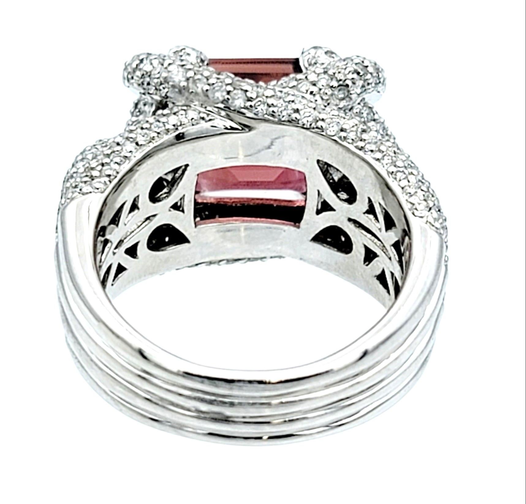 Emerald Cut Pink Tourmaline and Multi Row Diamond Cocktail Ring 18K White Gold  For Sale 2