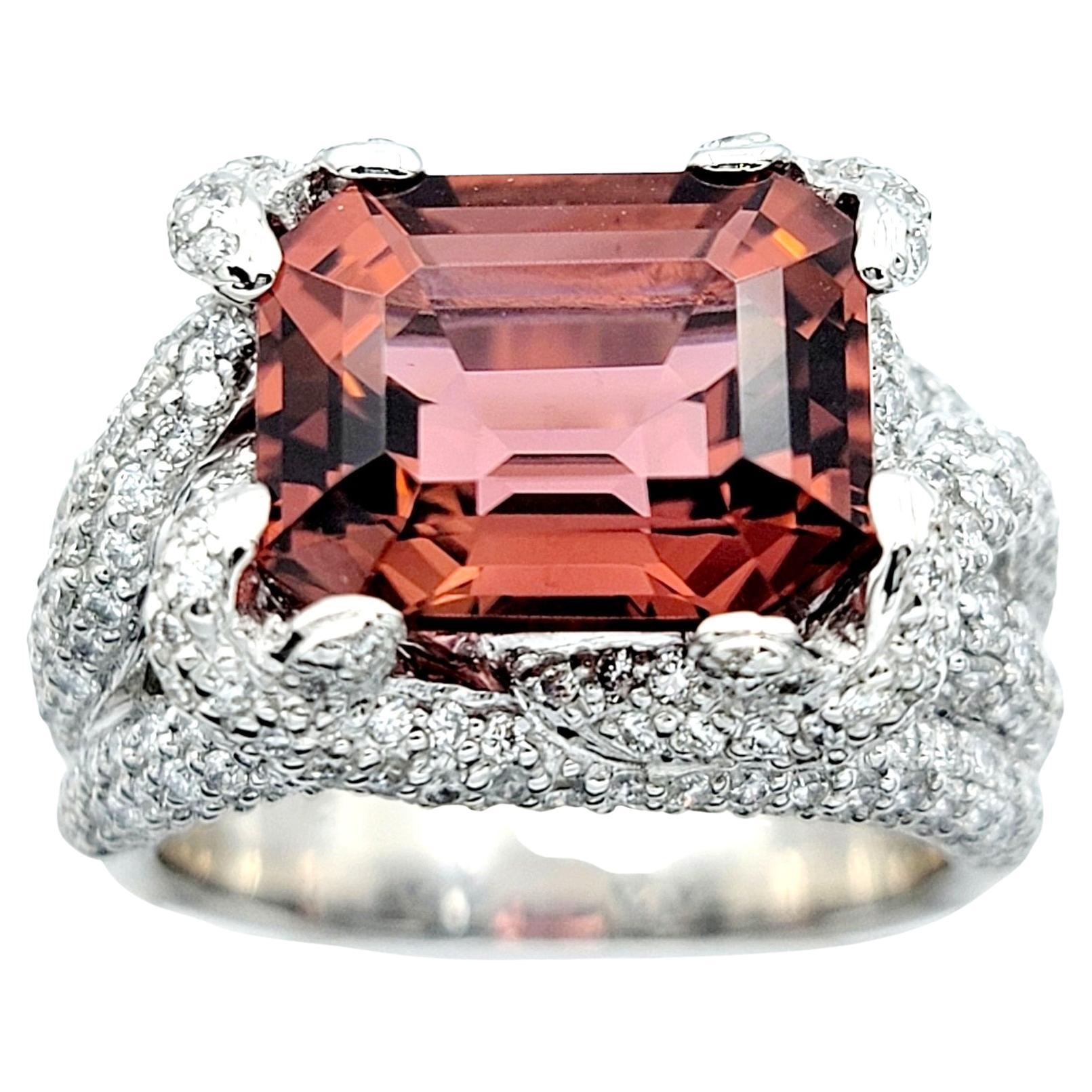 Emerald Cut Pink Tourmaline and Multi Row Diamond Cocktail Ring 18K White Gold  For Sale