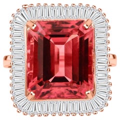 Emerald Cut Pink Tourmaline Cocktail Ring with Baguette Diamonds 18K Rose Gold