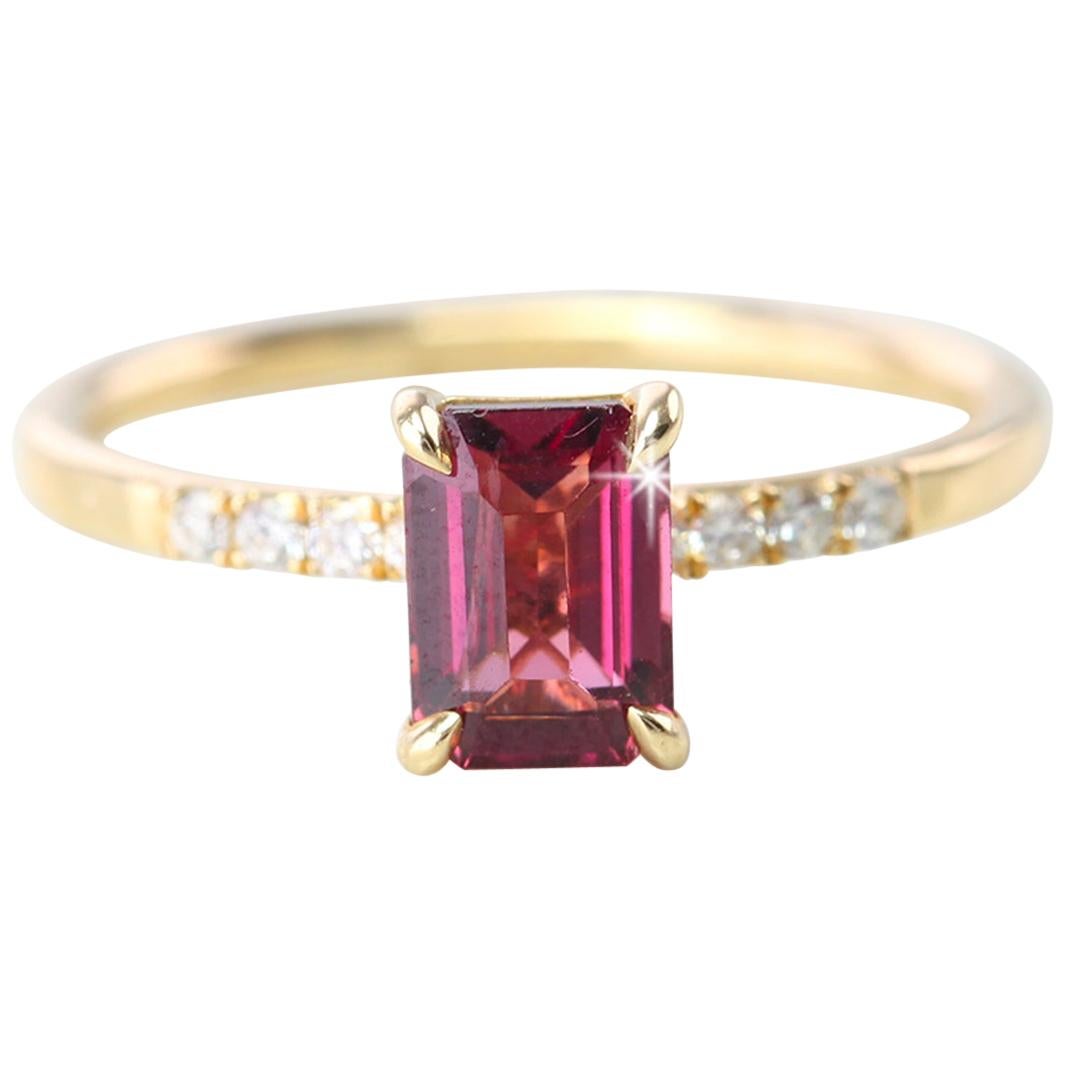 Emerald Cut Pink Tourmaline Dainty Ring with Pave Diamond Setting For Sale