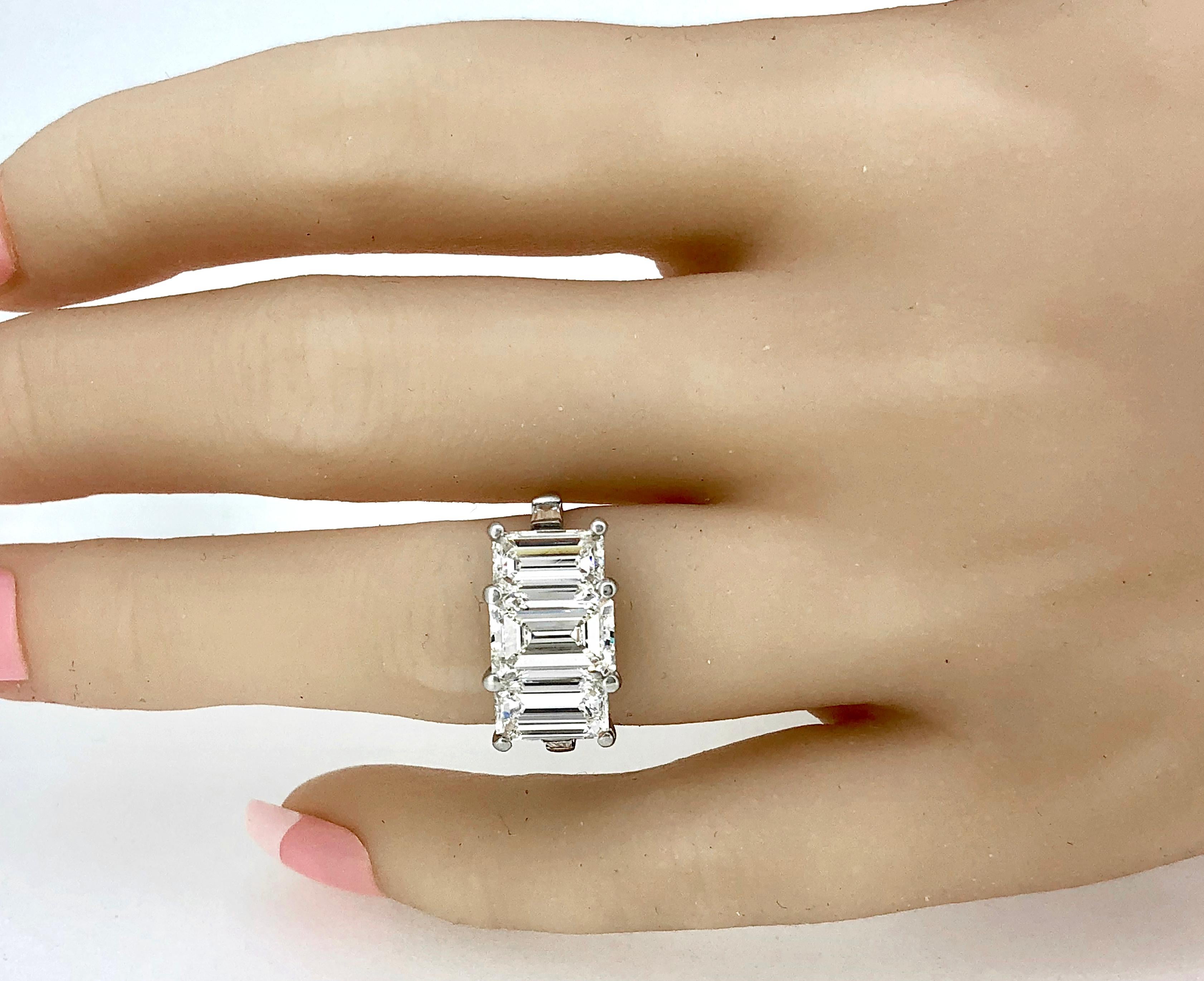 Emerald Cut Platinum 3-Stone Diamond Estate Engagement Ring 5.40 Carat TW In Excellent Condition In Tampa, FL
