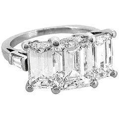 Vintage Emerald Cut Platinum 3-Stone Diamond Estate Engagement Ring 5.40 Carat TW