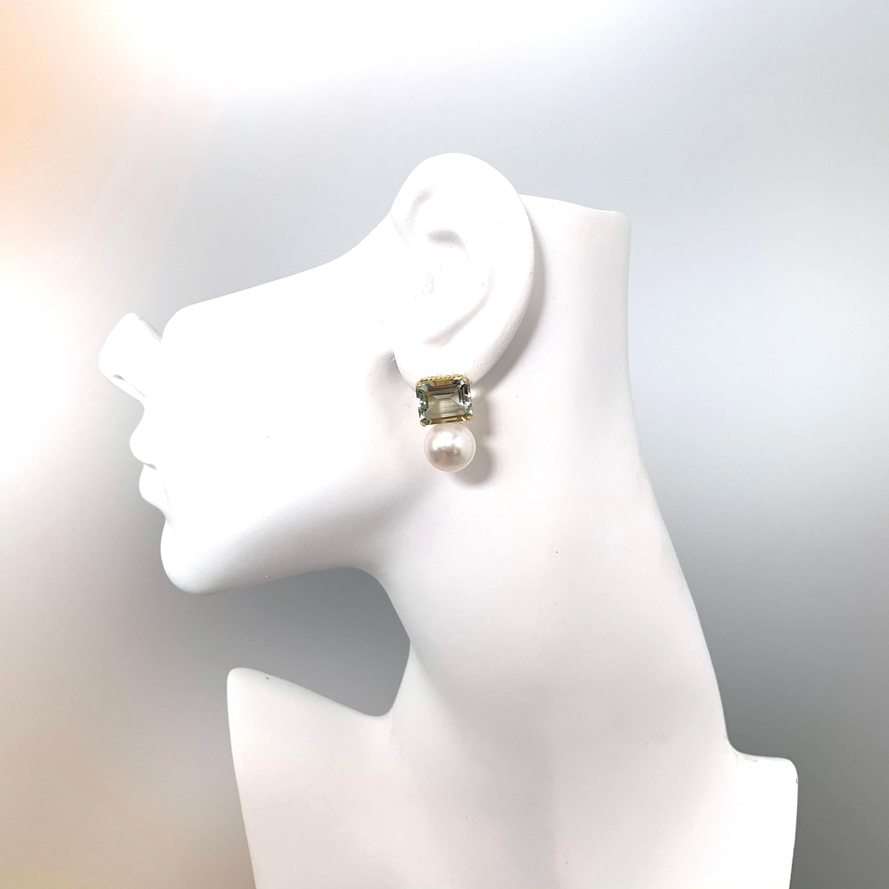 Boucles d'oreilles en Prasiolite taille émeraude et perles d'eau douce en vente 1