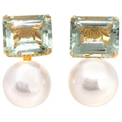 Emerald-cut Prasiolite and Freshwater Pearl Earrings