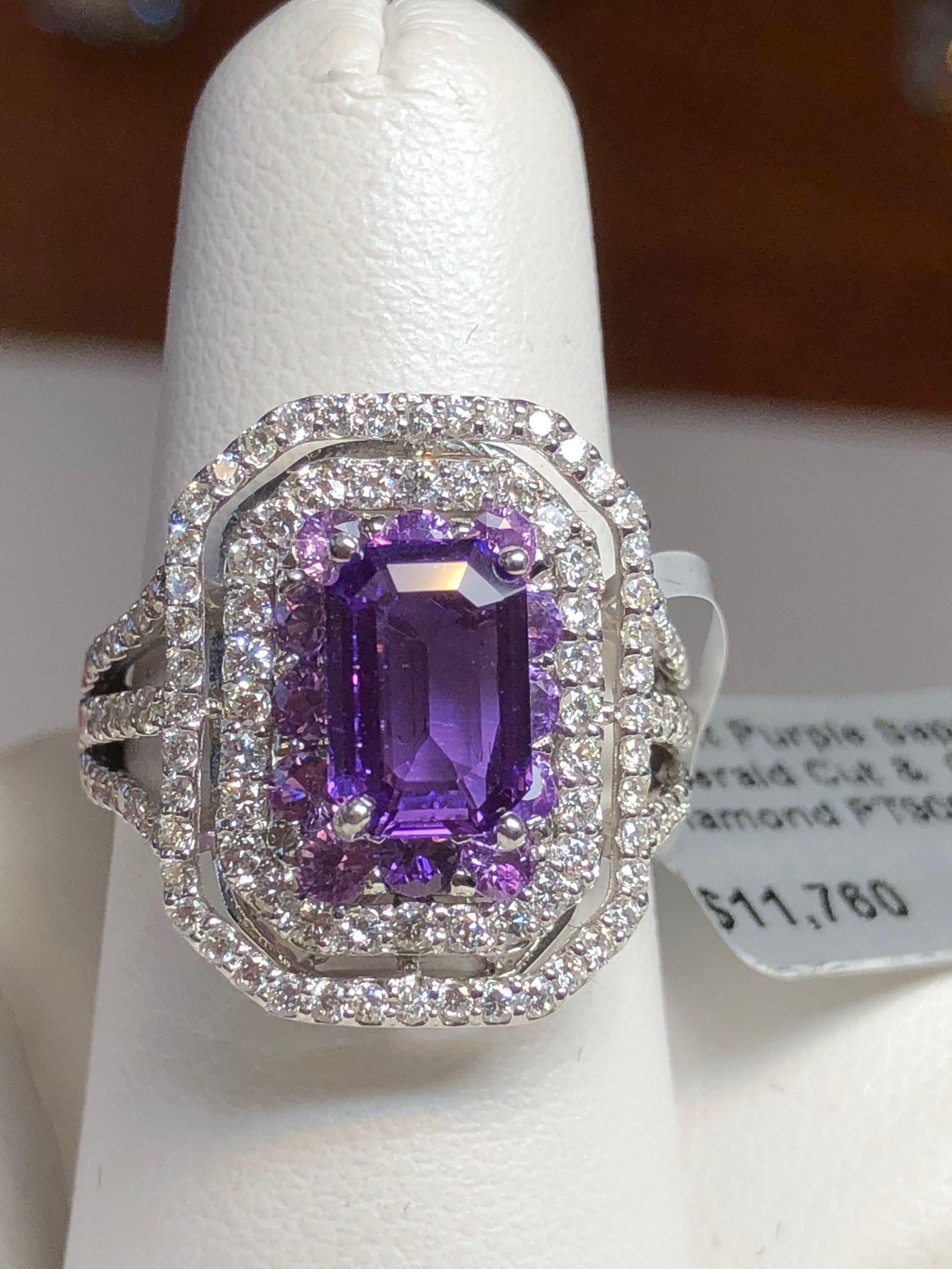 Emerald Cut Purple Sapphire and Diamond Cocktail Ring in Platinum at ...