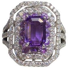 Emerald Cut Purple Sapphire and Diamond Cocktail Ring in Platinum