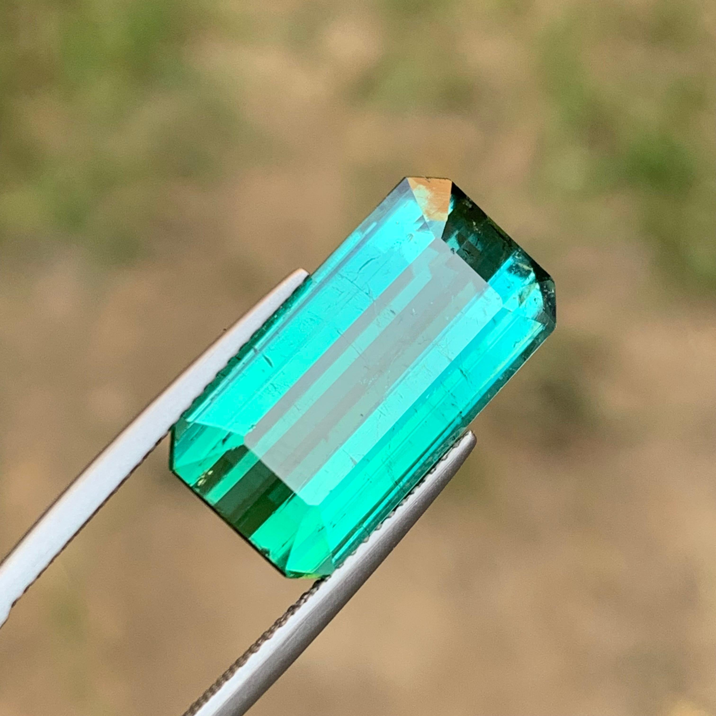 Emerald Cut Rare Neon Bluish Green Natural Tourmaline Loose Gemstone, 14.75 Ct For Sale 5