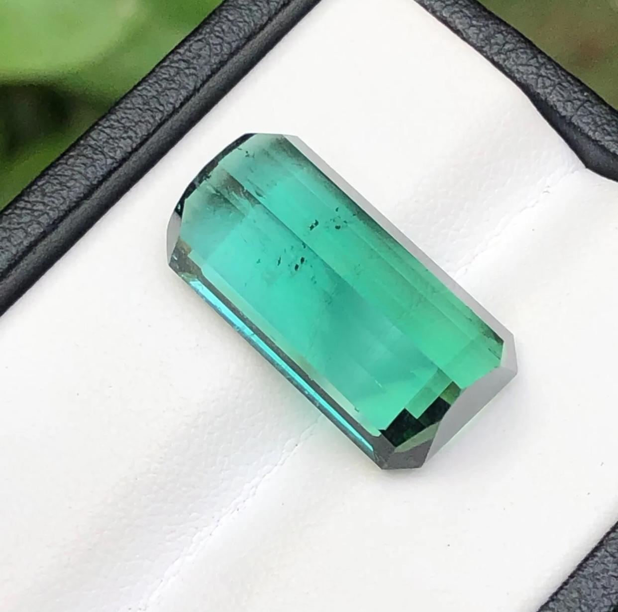 Contemporary Emerald Cut Rare Neon Bluish Green Natural Tourmaline Loose Gemstone, 14.75 Ct For Sale