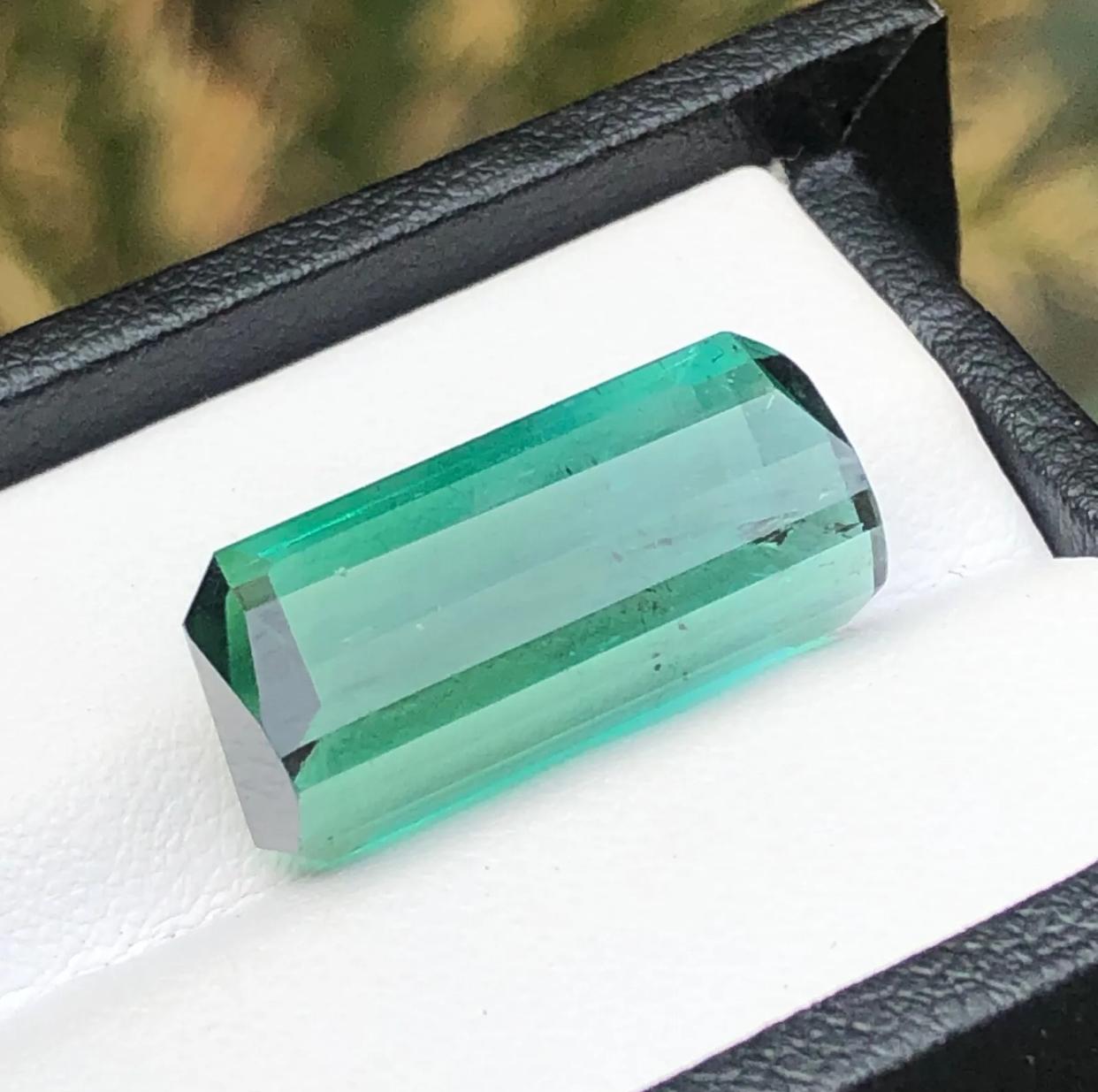 Women's or Men's Emerald Cut Rare Neon Bluish Green Natural Tourmaline Loose Gemstone, 14.75 Ct For Sale