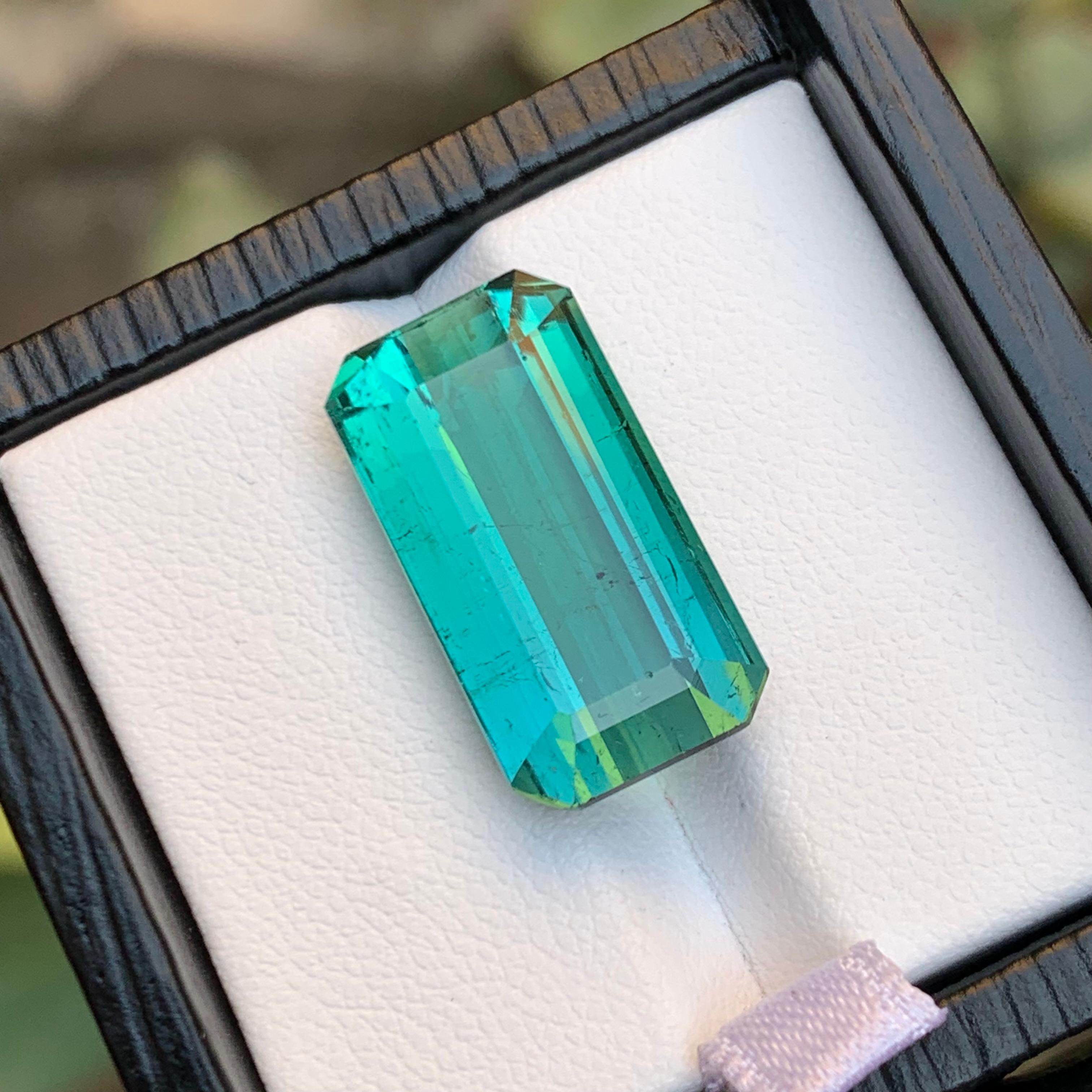 Emerald Cut Rare Neon Bluish Green Natural Tourmaline Loose Gemstone, 14.75 Ct en vente 1