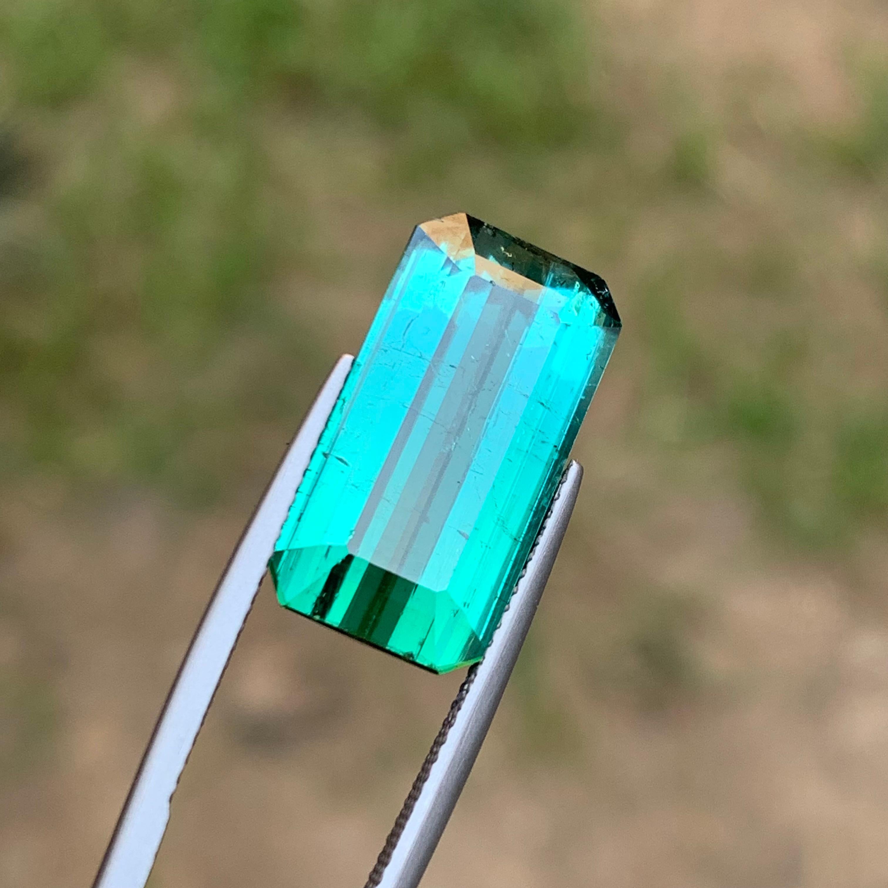 Emerald Cut Rare Neon Bluish Green Natural Tourmaline Loose Gemstone, 14.75 Ct en vente 2