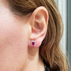 Emerald Cut Red Ruby and Diamond Halo Stud Earrings