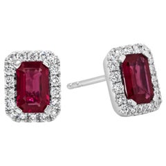 Emerald Cut Red Ruby and Diamond Halo Stud Earrings