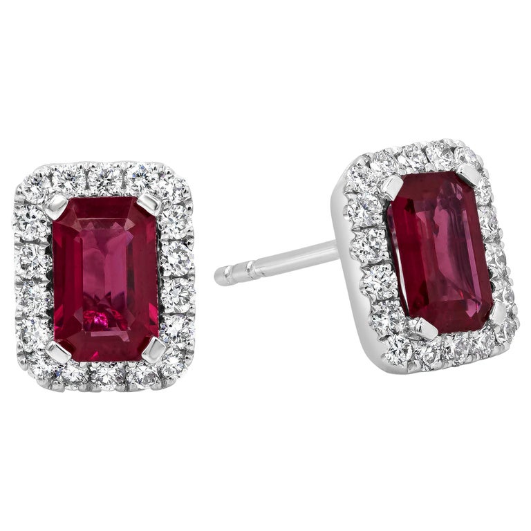 Emerald Cut Red Ruby and Diamond Halo Stud Earrings at 1stDibs