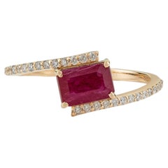 Emerald Cut Red Ruby Diamond Bypass Ring 1.25ct in 14K Yellow Gold Prong Set