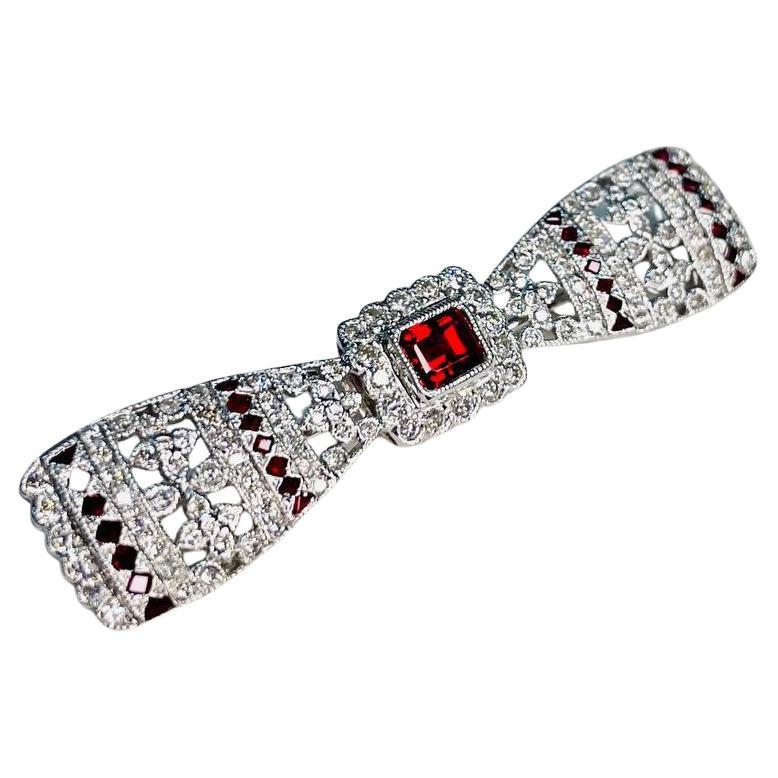 Emerald Cut Red Ruby White Diamond Filigree 18 Karat White Gold Brooch Pin