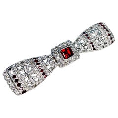 Emerald Cut Red Ruby White Diamond Filigree 18 Karat White Gold Brooch Pin