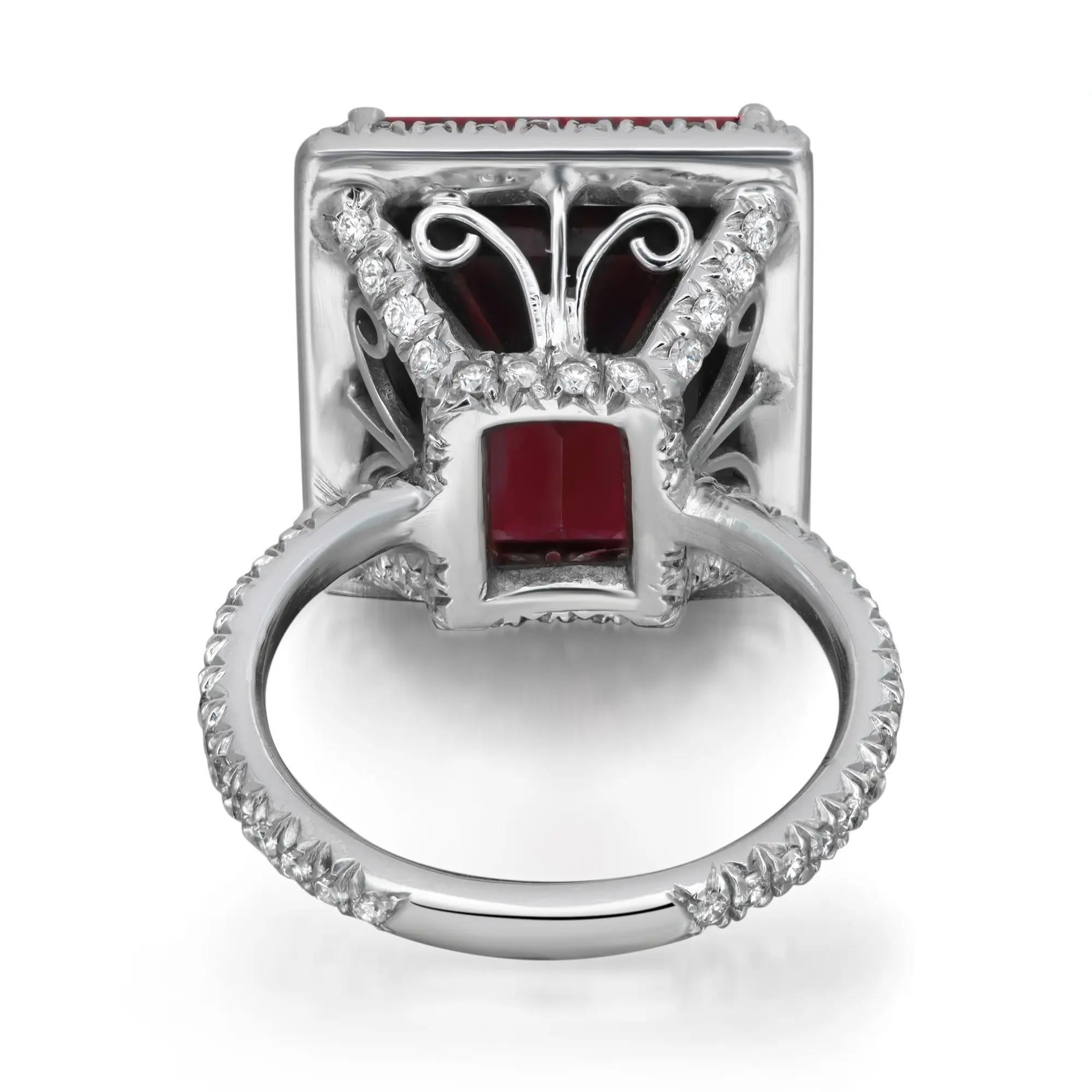 Modern Emerald Cut Rhodolite & Diamond Cocktail Ring 18K White Gold Size 5.25 For Sale