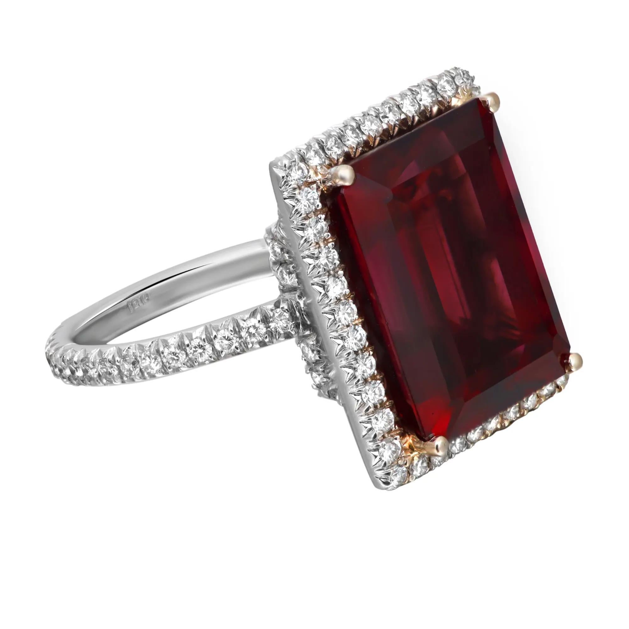 Emerald Cut Rhodolite & Diamond Cocktail Ring 18K White Gold Size 5.25 In Excellent Condition For Sale In New York, NY