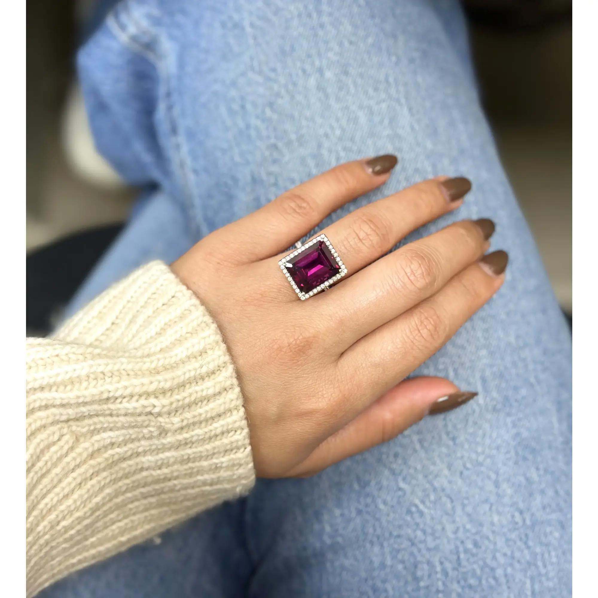 Women's Emerald Cut Rhodolite & Diamond Cocktail Ring 18K White Gold Size 5.25 For Sale