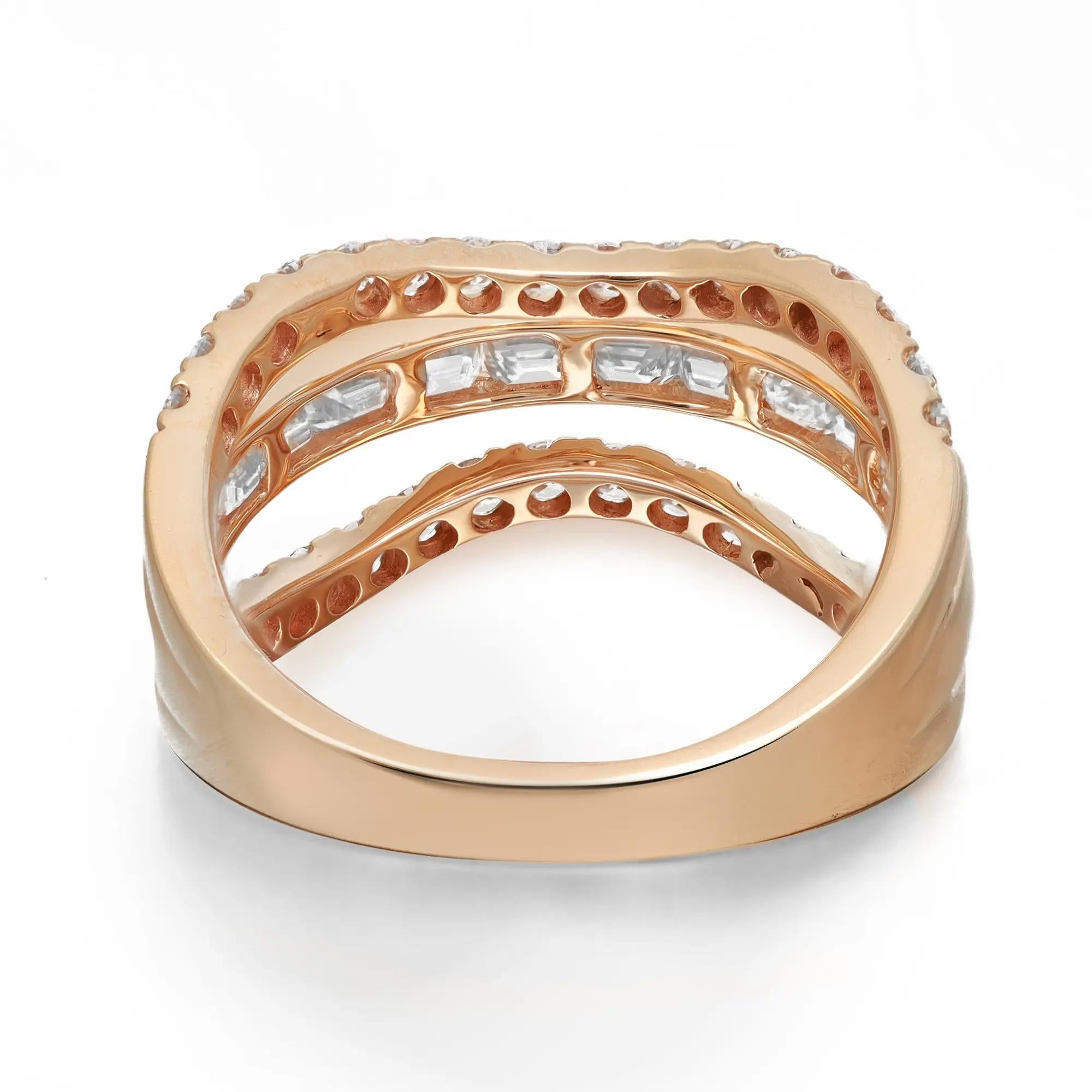 Shimmering and elegant, this diamond band ring is perfect for any occasion. Crafted in lustrous 18K rose gold. This beautiful ring is adorned with channel set emerald cut diamonds in the center with two curved rows of round brilliant cut diamonds.