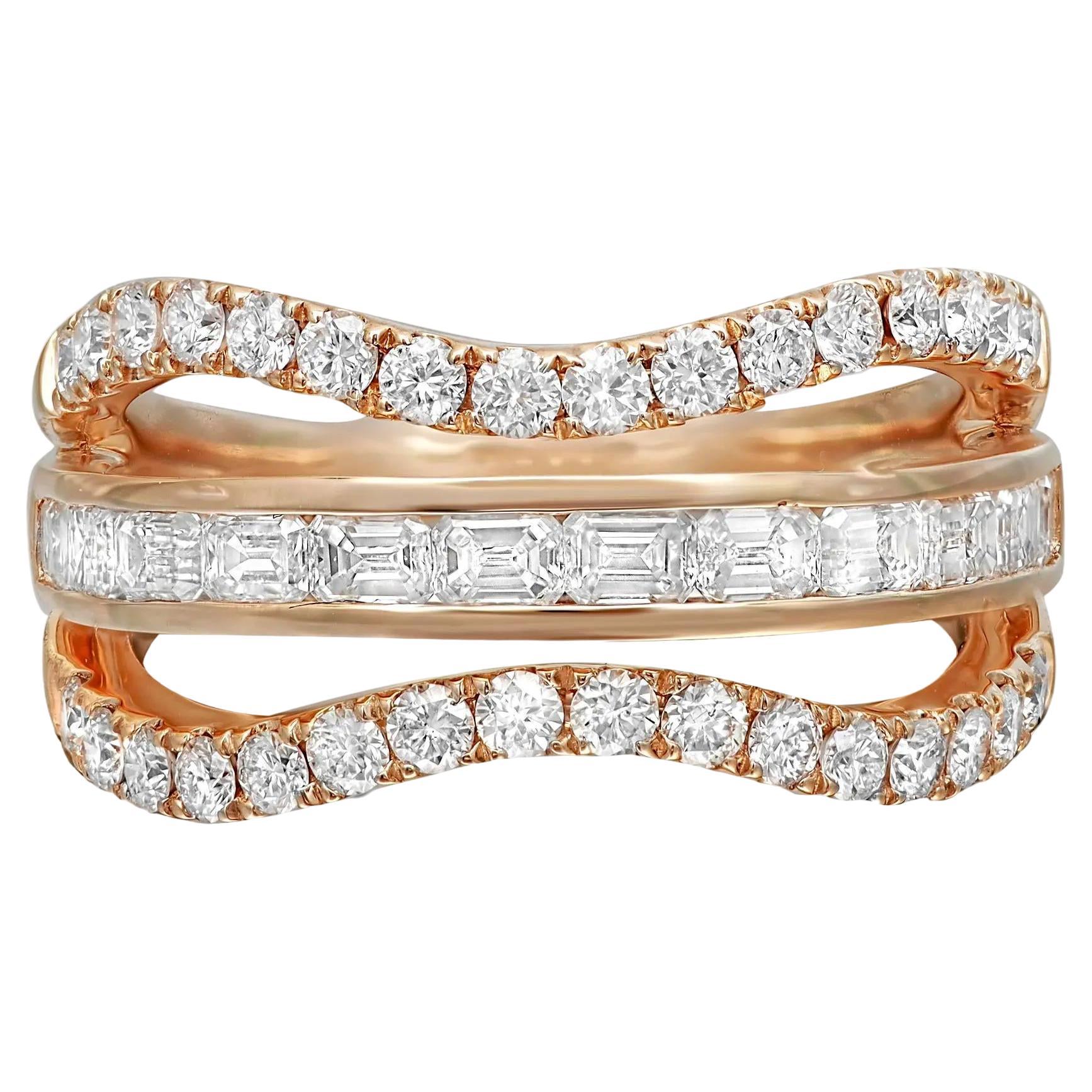 Emerald Cut & Round Cut Diamond Band Ring 18K Rose Gold 1.61Cttw Size 6.5 For Sale