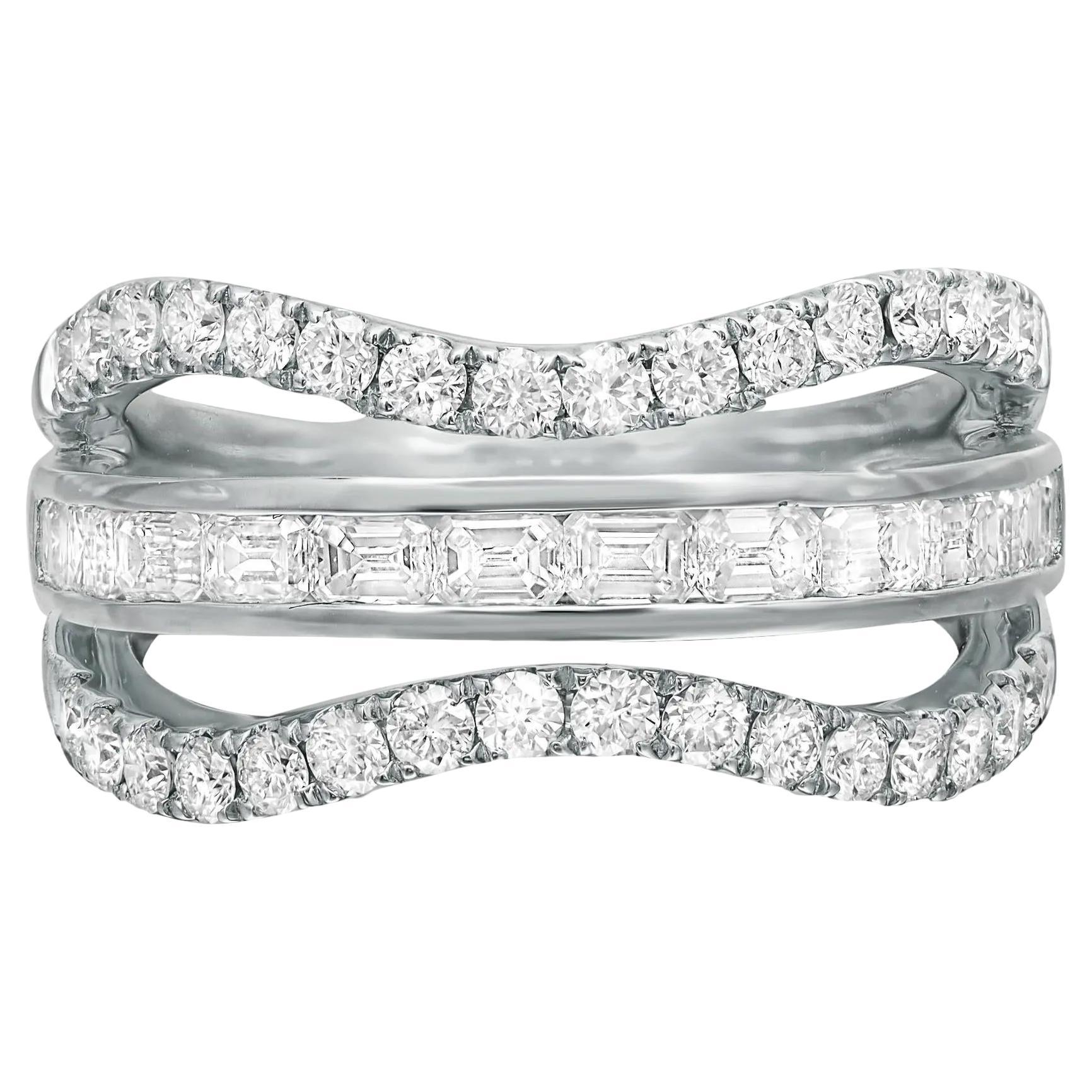 Emerald Cut & Round Cut Diamond Band Ring 18K White Gold 1.63Cttw Size 6.5