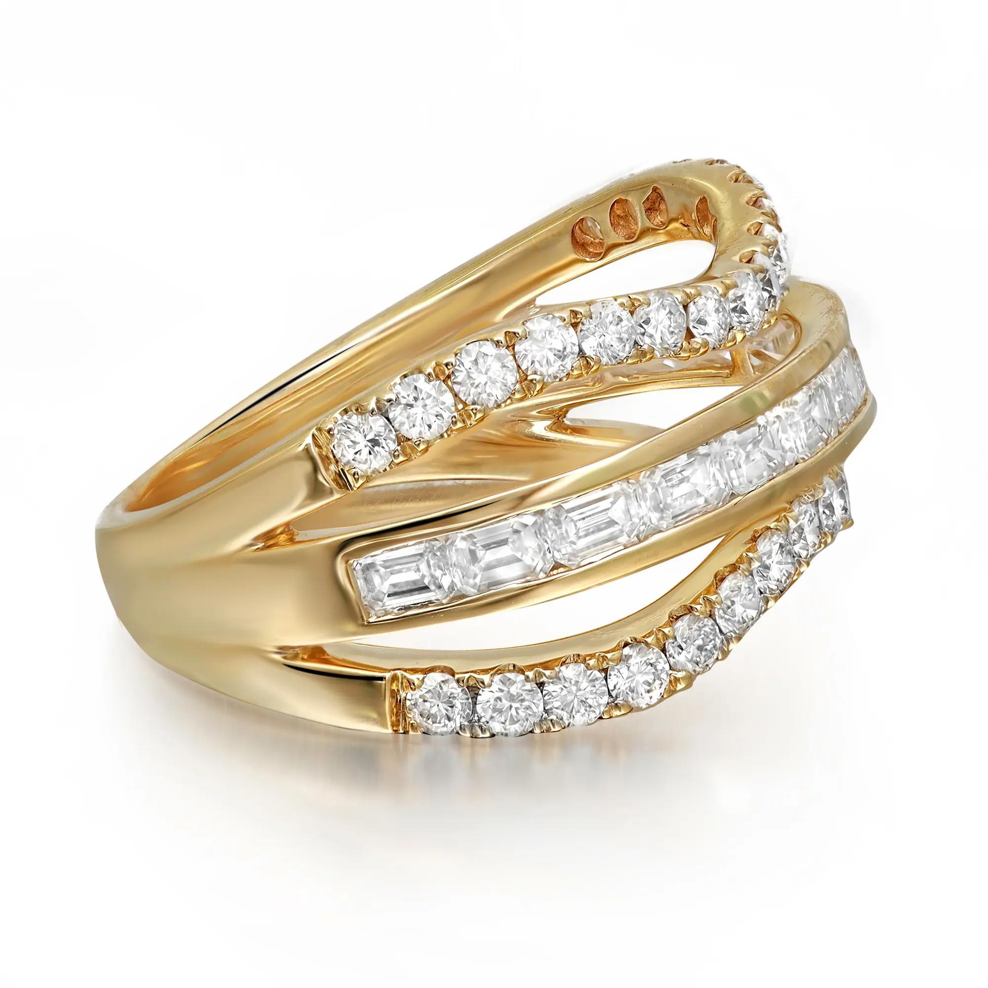 Shimmering and elegant, this diamond band ring is perfect for any occasion. Crafted in lustrous 18K yellow gold. This beautiful ring is adorned with channel set emerald cut diamonds in the center with two curved rows of round brilliant cut diamonds.