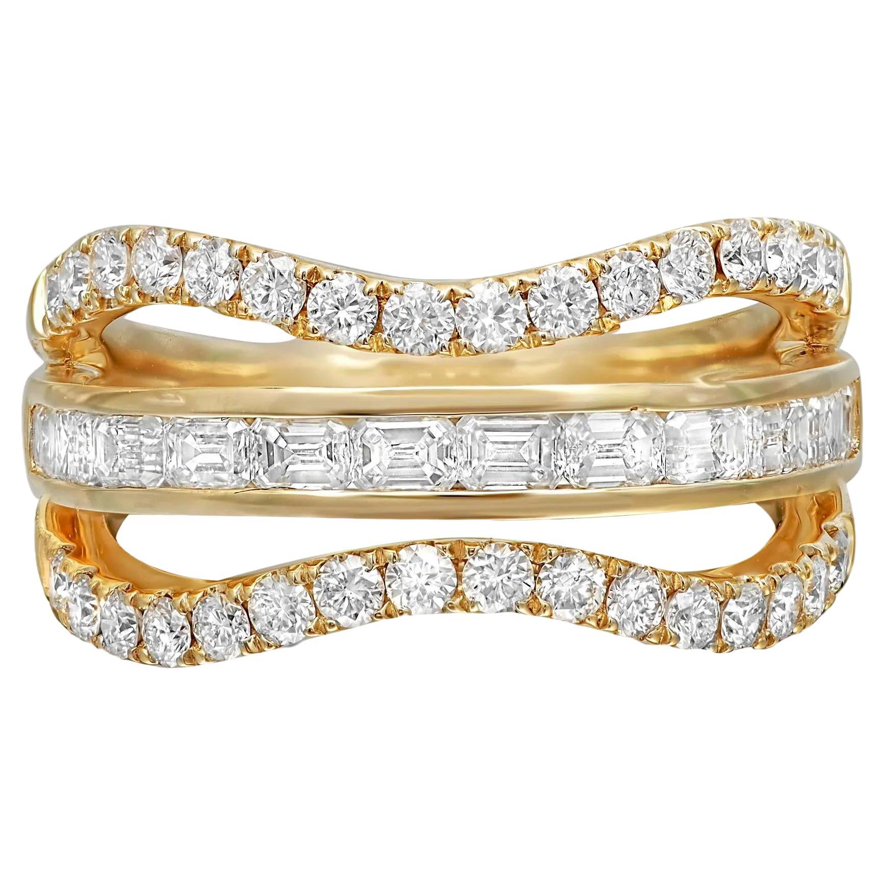Emerald Cut & Round Cut Diamond Band Ring 18K Yellow Gold 1.62Cttw Size 6.5 For Sale