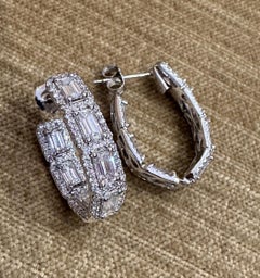 Emerald Cut & Round Diamond Hoop Earrings in 18k White Gold