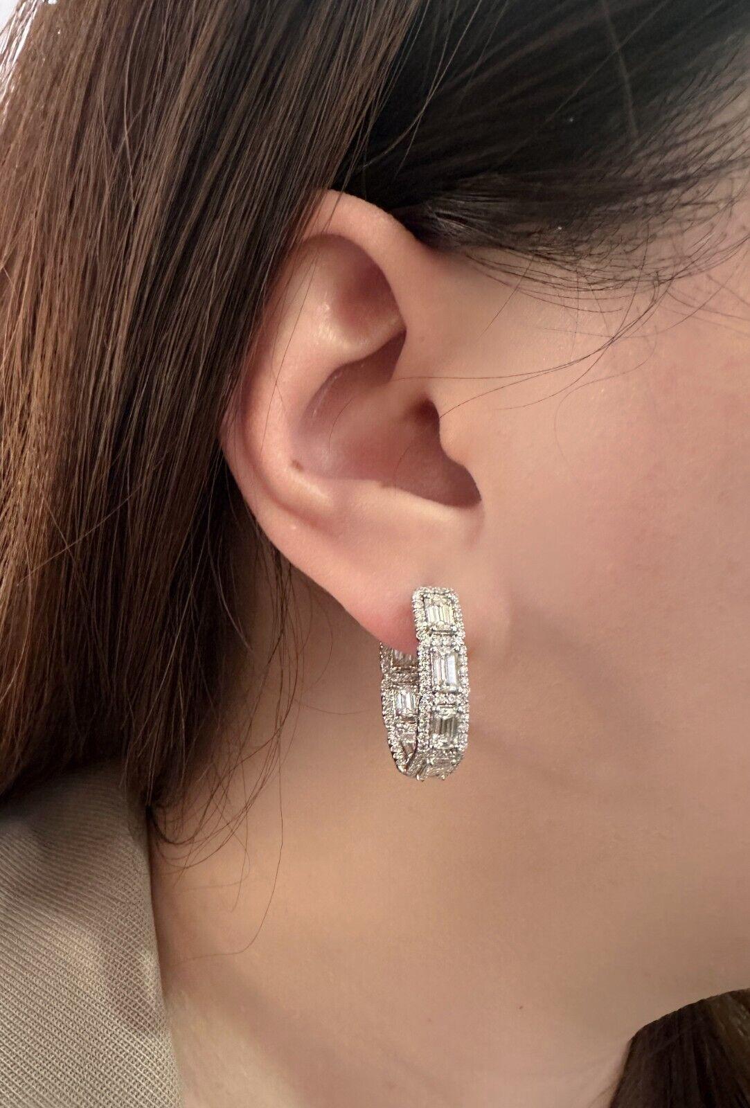 Modern Emerald Cut & Round Diamond Hoop Earrings in 18k White Gold For Sale