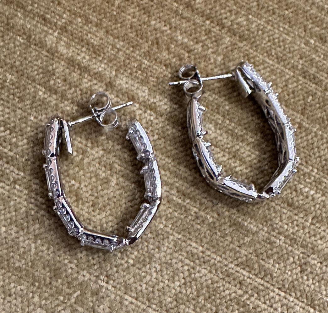 Emerald Cut & Round Diamond Hoop Earrings in 18k White Gold In Excellent Condition For Sale In La Jolla, CA