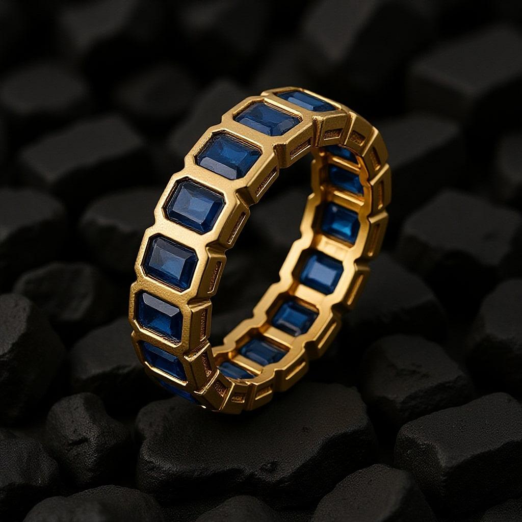 in vendita:  Anello Eternity con zaffiro blu reale taglio smeraldo in oro giallo 14 carati (18 carati su richiesta) 3