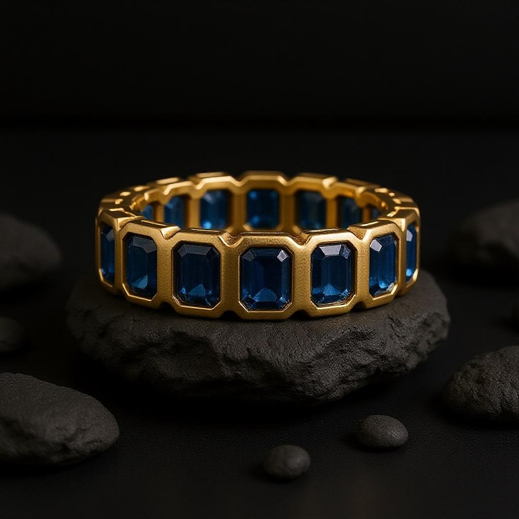 in vendita:  Anello Eternity con zaffiro blu reale taglio smeraldo in oro giallo 14 carati (18 carati su richiesta) 5