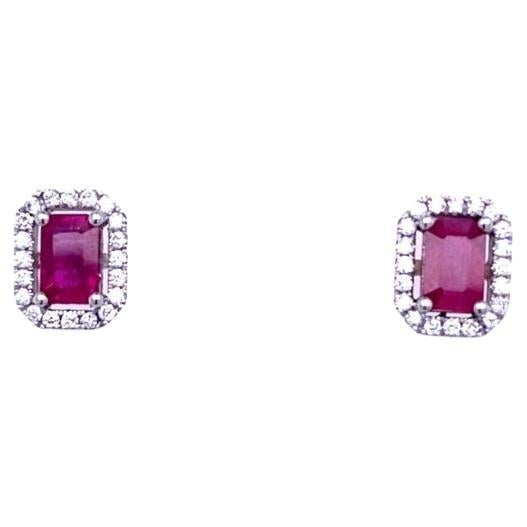 Emerald Cut Rubies 1.24ct in Pair Set In Platinum Earrings, With 0.33ct Diamonds For Sale