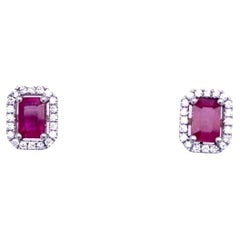 Emerald Cut Rubies 1.24ct in Pair Set In Platinum Earrings, With 0.33ct Diamonds