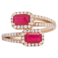 Emerald Cut Ruby and Diamond Halo Ruby Bypass Toi Et Moi Ring 14K Yellow Gold 
