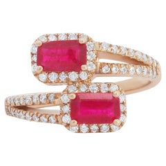 Emerald Cut Ruby and Diamond Halo Ruby Bypass Toi Et Moi Ring 14K Yellow Gold