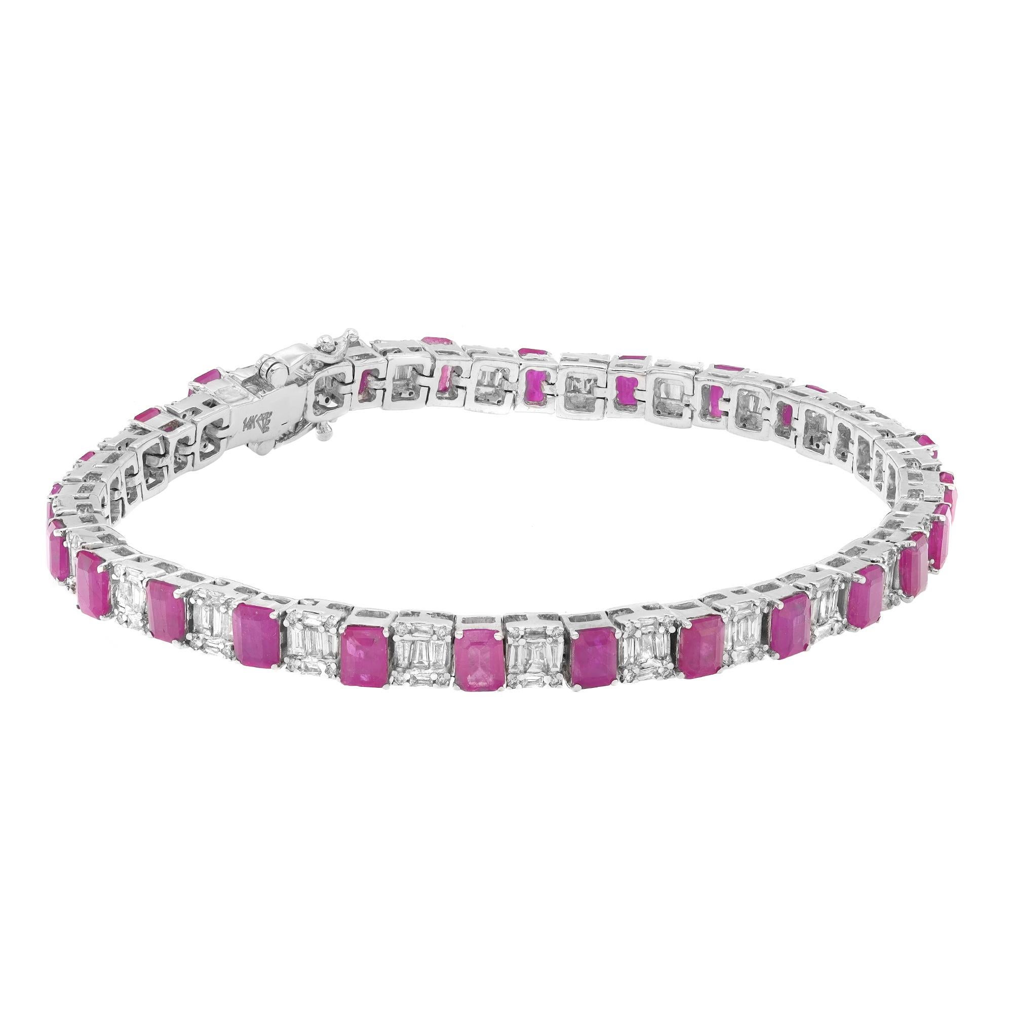 This beautifully crafted tennis bracelet features emerald cut rubies with baguette and round cut diamonds in prong and channel setting. Crafted in 14k white gold. Total diamond weight: 2.33 carats. Diamond Quality: G-H color and SI clarity. Total