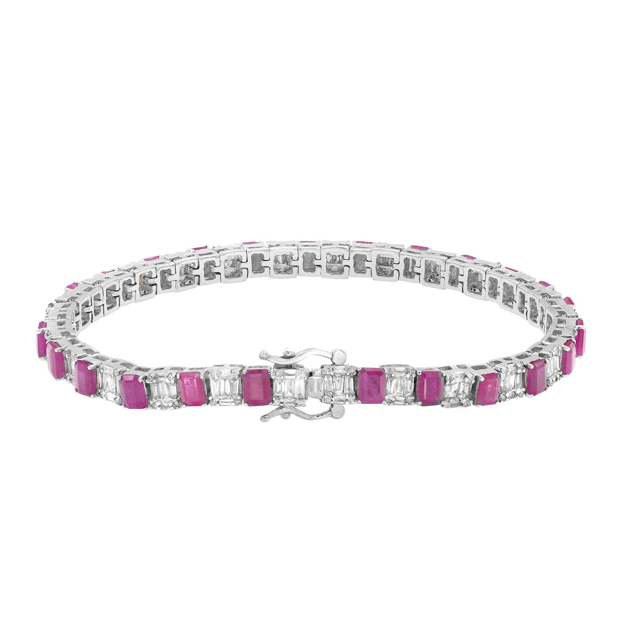 Modern Emerald Cut Ruby and Diamond Tennis Bracelet 14k White Gold For Sale