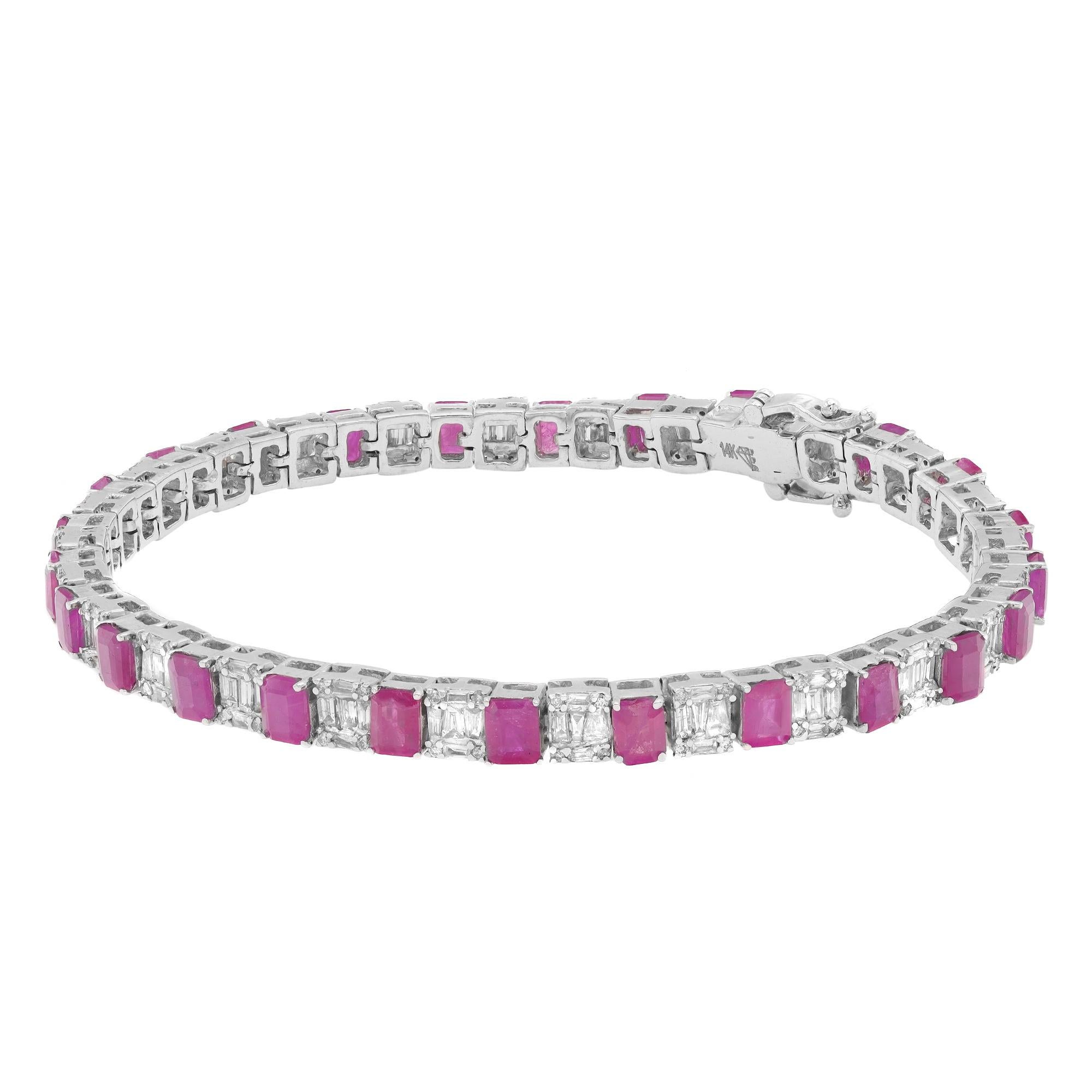 Emerald Cut Ruby and Diamond Tennis Bracelet 14k White Gold In New Condition For Sale In New York, NY