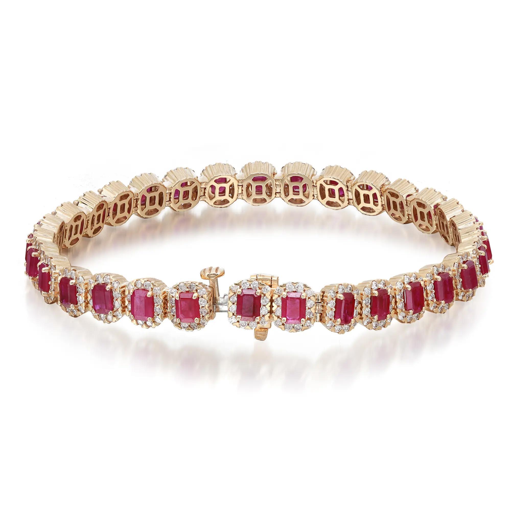 Modern Emerald Cut Ruby and Diamond Tennis Bracelet 14K Yellow Gold 7 Inches For Sale