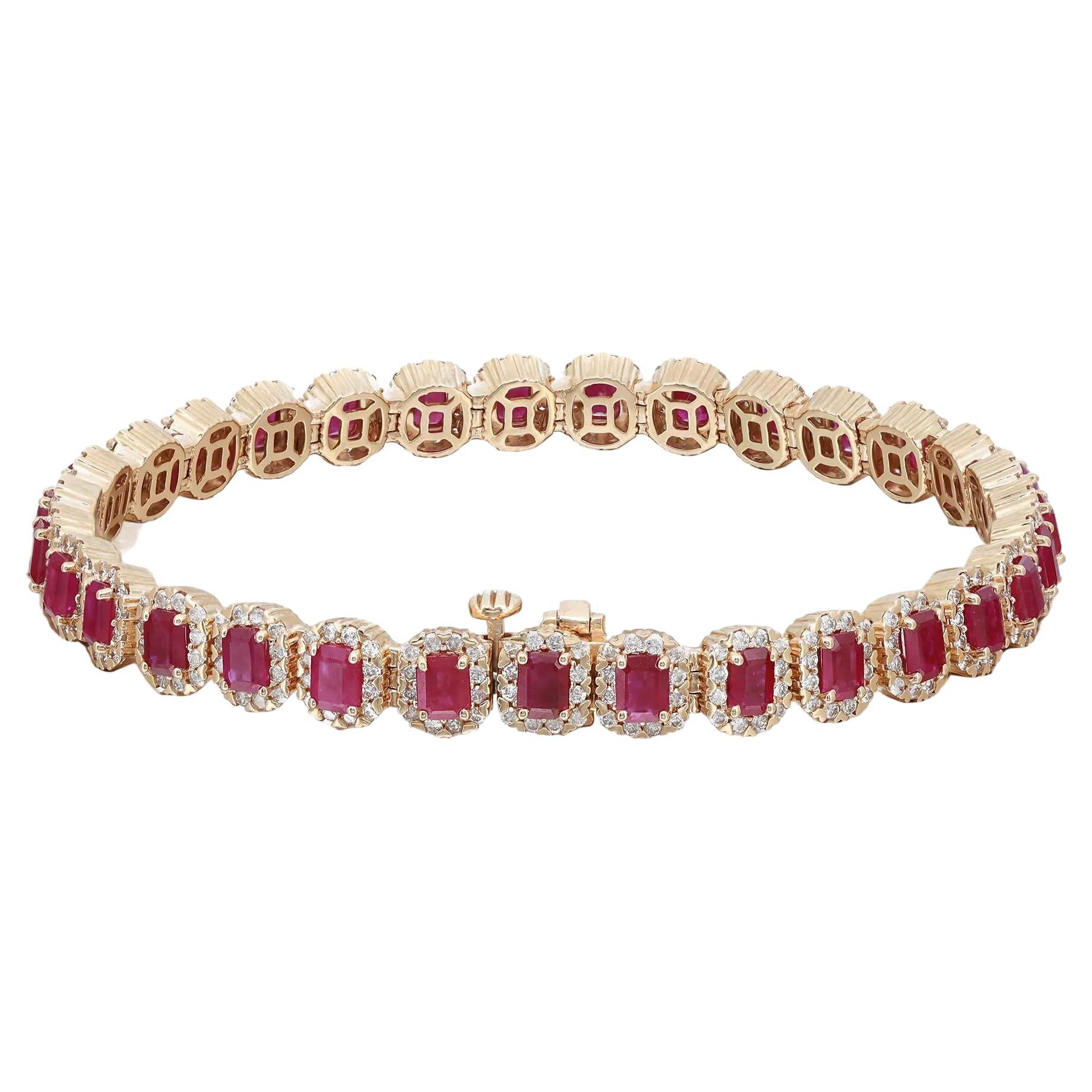 Emerald Cut Ruby and Diamond Tennis Bracelet 14K Yellow Gold 7 Inches For Sale