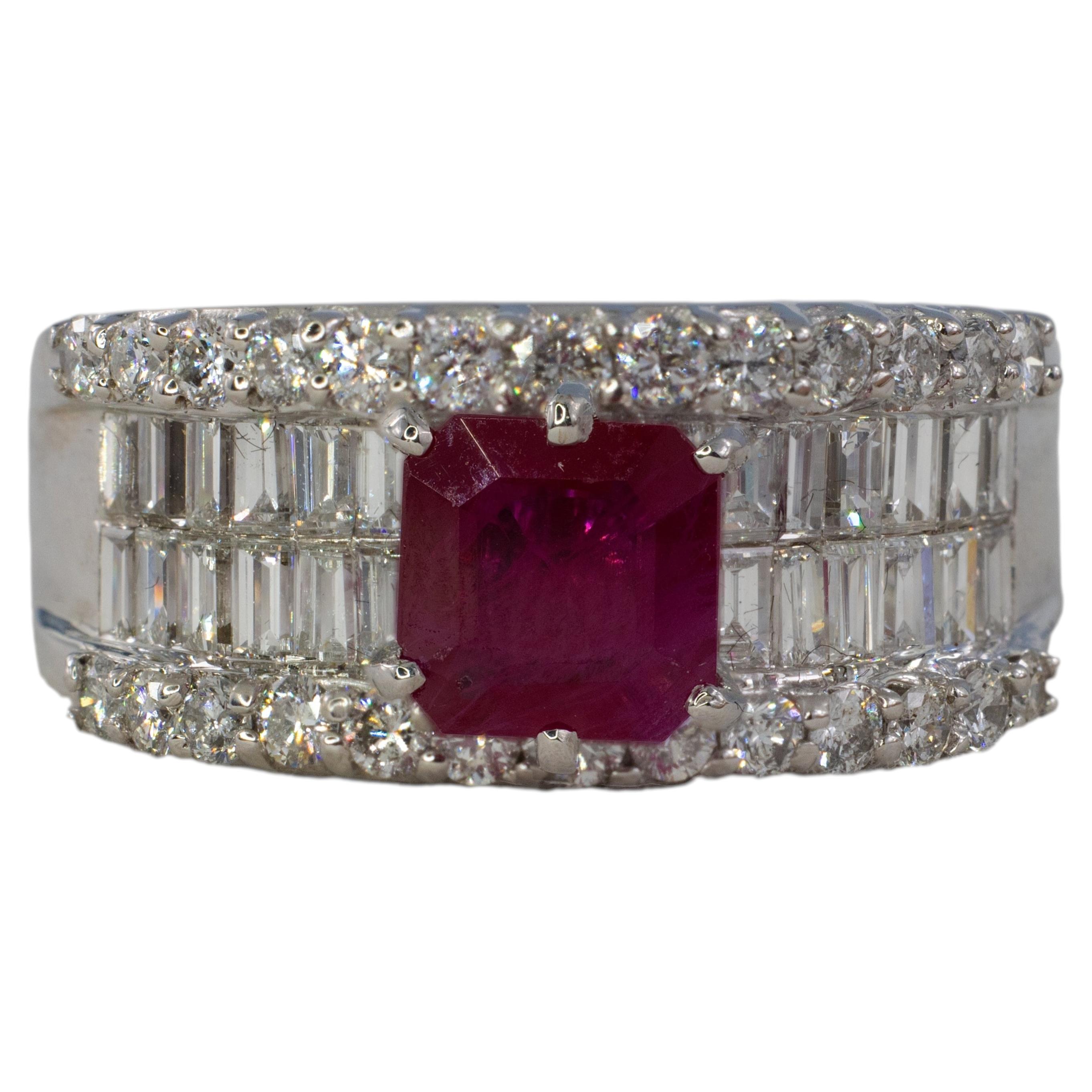 Emerald-Cut Ruby and Multi-Row Diamond Band