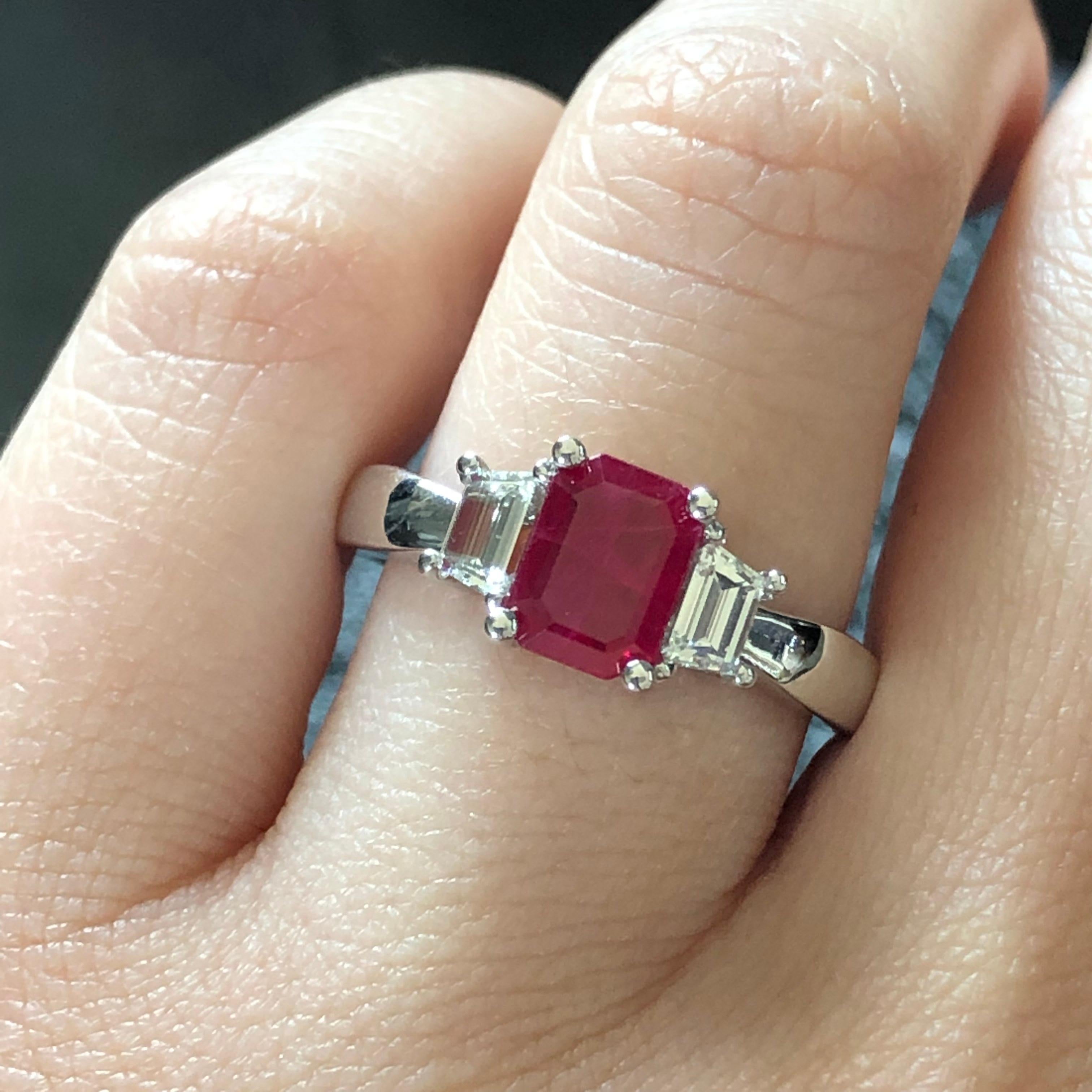 Women's Emerald Cut Ruby and Trapezoid Diamond Three-Stone Ring