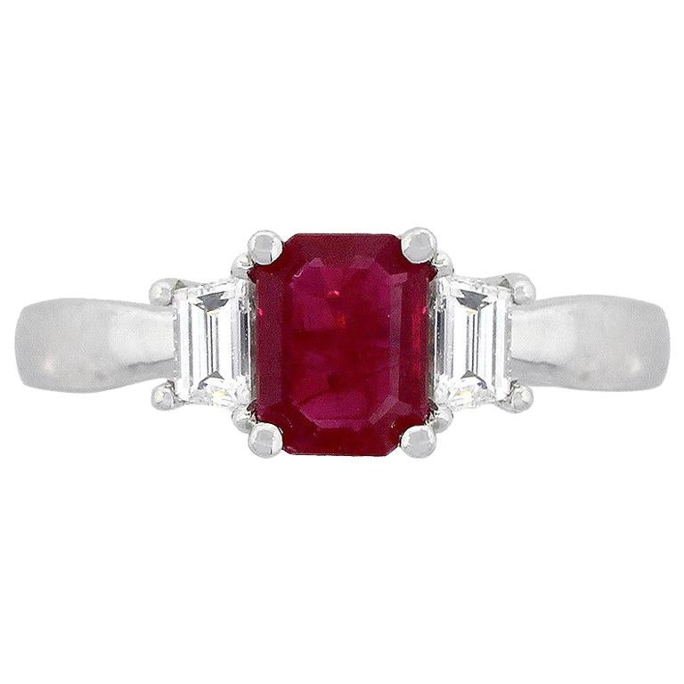 Emerald Cut Ruby and Trapezoid Diamond Three-Stone Ring